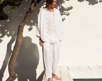 Oversized Linen Set SHIRT & PANTS, Mens Linen Set, White Linen Shirt And Pants