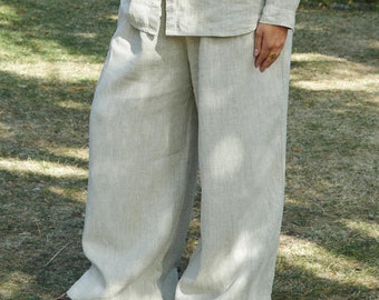 BABIANA Pantaloni in lino a gamba larga / Pantaloni fluidi con elastico in vita / Pantaloni palazzo a vita alta