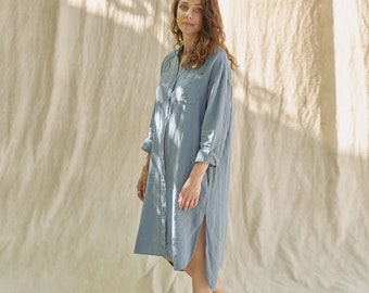 Linen shirtdress ACACIA, linen tunic dress, button up linen dress