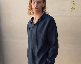 Men's linen hoodie HIBISCUS, mens linen clothing