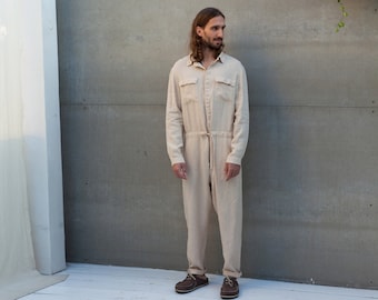 Linen jumpsuit THUJA, men’s button-front coverall, gift for men