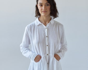 Long linen button down shirt dress TITHONIA, white linen dress with pockets, ethically made dress, long sleeve midi dress XS - XXL