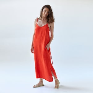 Linen sundress AIRA, linen slip dress, linen summer dress, orange linen sundress Manufacture de Lin