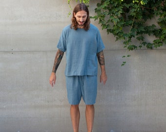 Men's Linen Two Piece Set. Linen T-shirt and Shorts. Mens Linen Outfit. Linen Clothing Linen Clothes