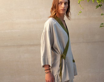 Linen Kimono Shirt TIGERLILY. Mens Kimono Jacket Linen Shirt. Japanese Style Shirt. Linen Loungewear