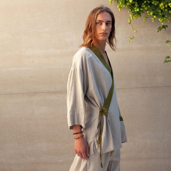 Linen Kimono Shirt TIGERLILY. Mens Kimono Jacket Linen Shirt. Japanese Style Shirt. Linen Loungewear