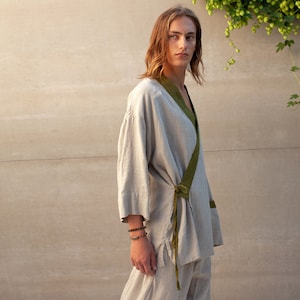 Men&#39;s Linen Kimono Shirt TIGERLILY: Japanese Style Loungewear Jacket