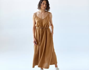 LUNARIA Linen Sundress, Elastic Tie Waist Midi Dress with Pockets