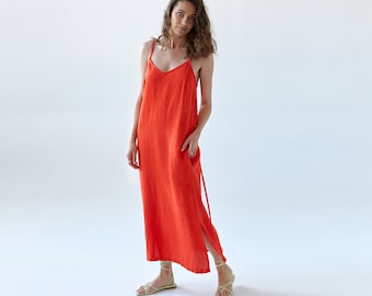 Linen sundress AIRA, linen slip dress, linen summer dress, orange linen sundress Manufacture de Lin