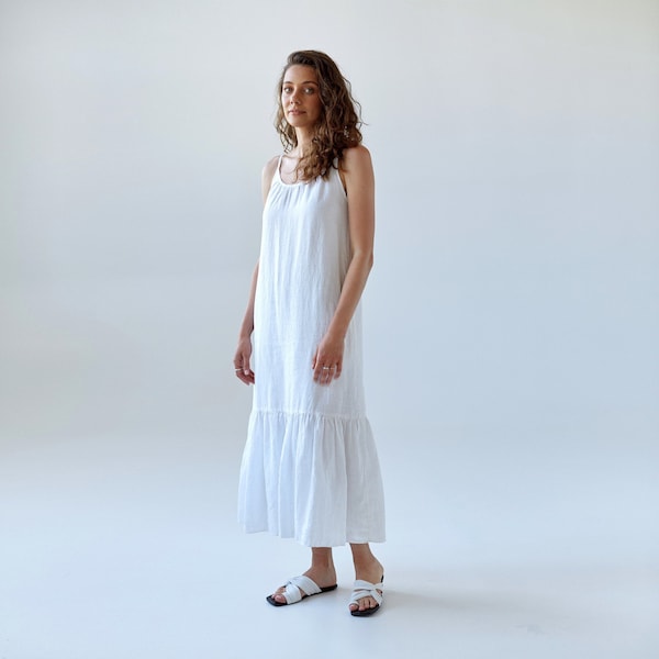 Linen maxi dress AZORINA, linen slip dress, linen sundress, white dress, round neck dress