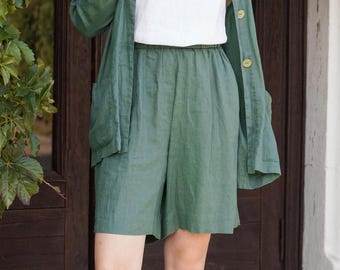 High-Waisted Linen Shorts BANARA: Wide Leg, Pockets