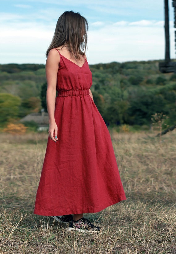 DELPHINIUM Linen Sundress, V-Neck Midi Dress with Pockets, Elastic Waist, French Seams