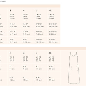 May include: Size chart for a sundress called "AIRA" with measurements in inches and centimeters for bust, waist, hips, and back length. The chart includes sizes XS, S, M, L, and XL.