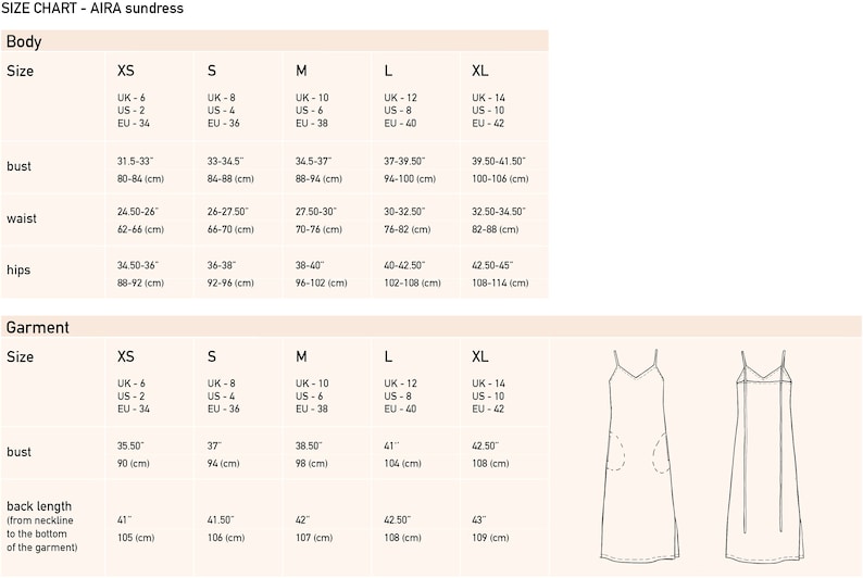 May include: Size chart for a sundress called "AIRA" with measurements in inches and centimeters for bust, waist, hips, and back length. The chart includes sizes XS, S, M, L, and XL.