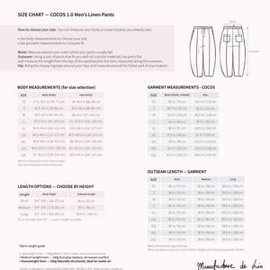 May include: Size chart for COCOS 1.0 men's linen pants. Includes body and garment measurements in inches and centimeters, outseam length, and fabric weight guide. The chart also shows how to choose your size.
