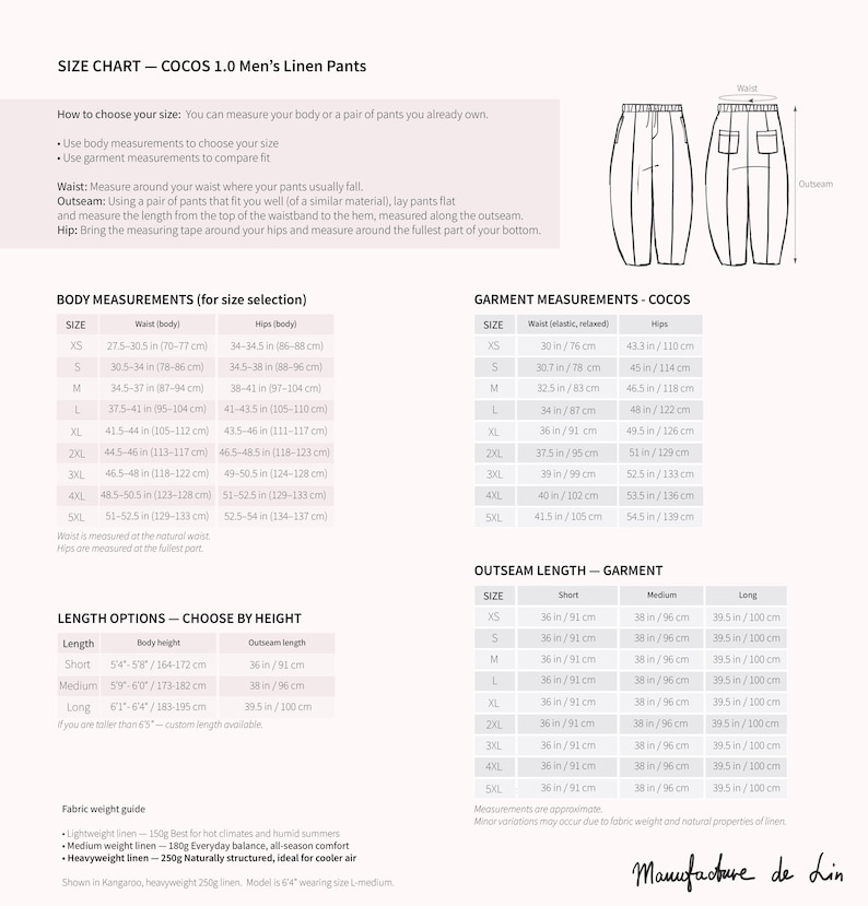 May include: Size chart for COCOS 1.0 men's linen pants. Includes body and garment measurements in inches and centimeters, outseam length, and fabric weight guide. The chart also shows how to choose your size.