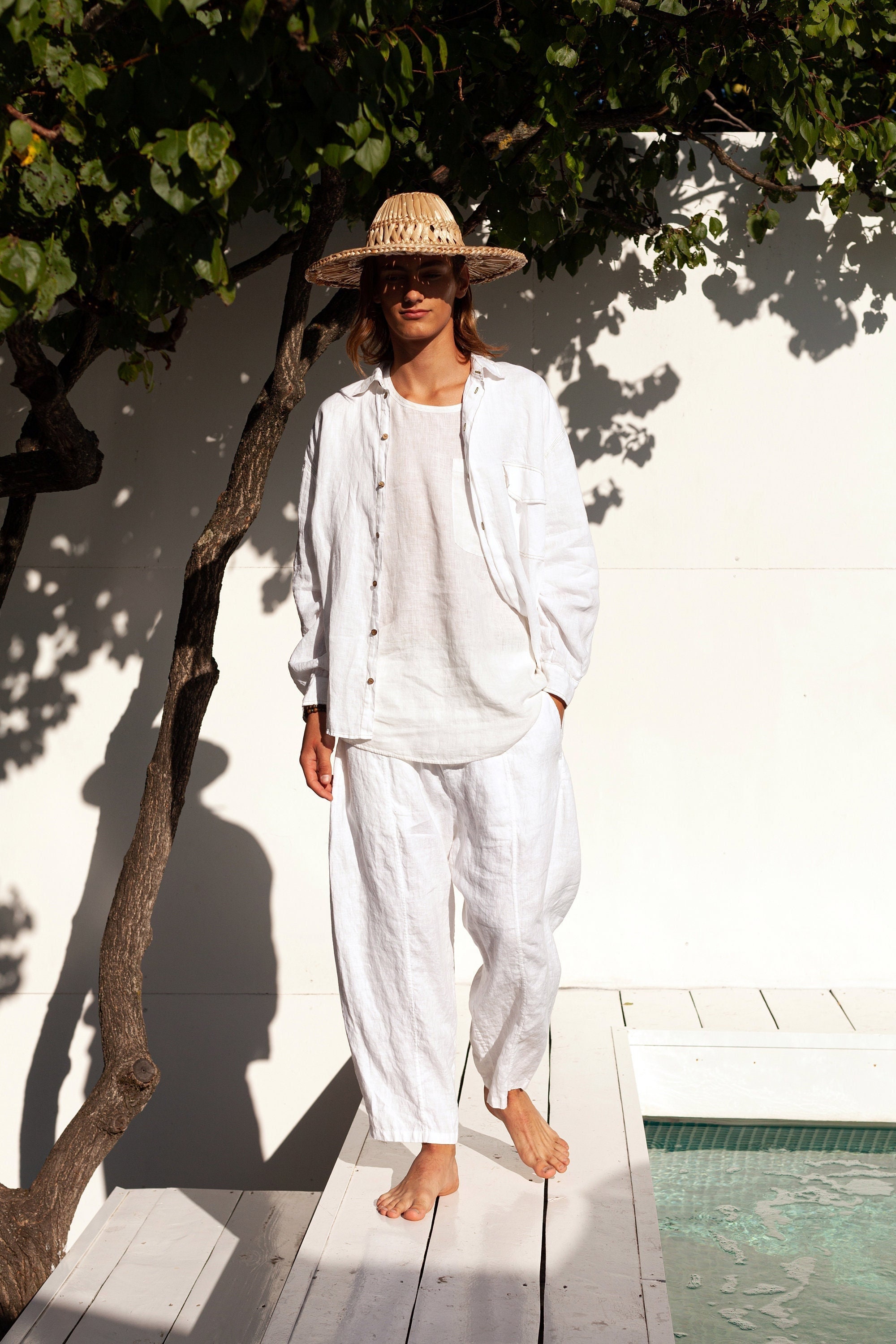 Mens Oversized Linen Shirt FREESIA / White Linen Shirt for