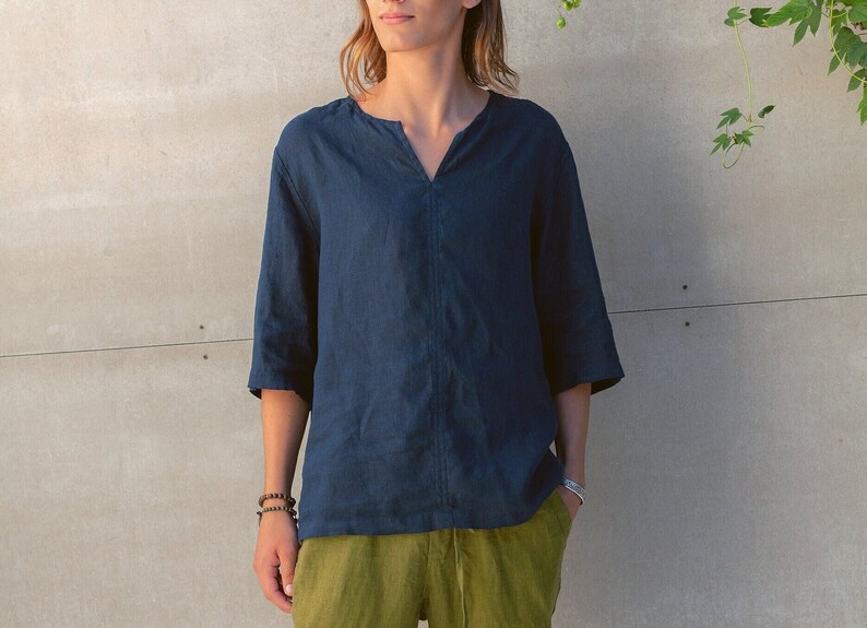 Mens Linen Shirt ALOE, Three Quarter Shirt, Japanese Style Linen Shirt, Japanese Style Linen Shirt image 1