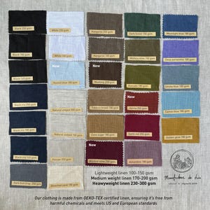 May include: A fabric swatch display featuring various linen colors, including black, white, blue, and brown. Each swatch has a label with the color name and weight in grams per square meter. The text at the bottom states the fabric is OEKO-TEX certified.