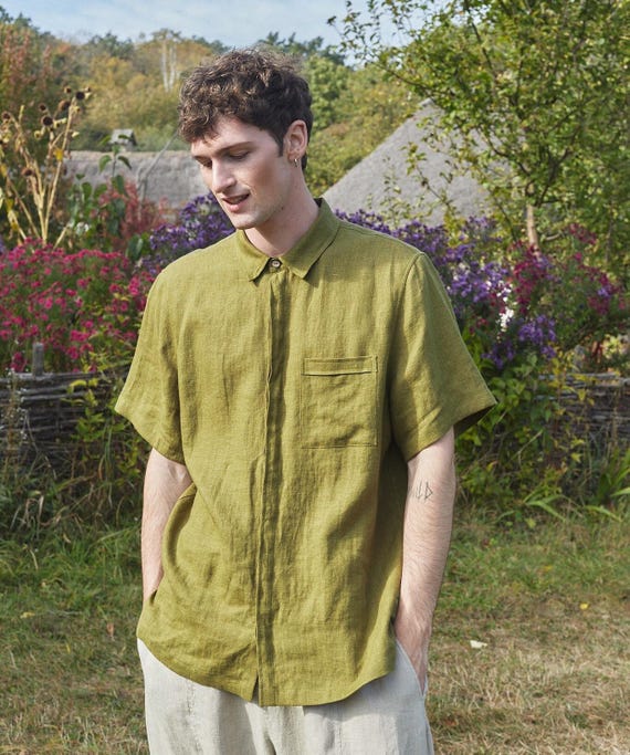 Mens 100% Linen Shirt MAYAPPLE, Hidden Button Shirt - Etsy