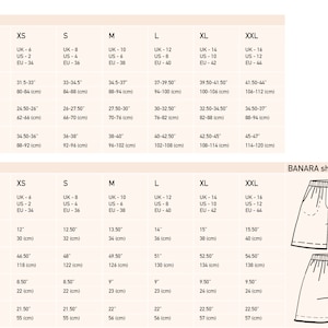 May include: Size chart for women's shorts with measurements in inches and centimeters. The chart includes sizes XS to XXL. The chart also includes a black and white illustration of the shorts.