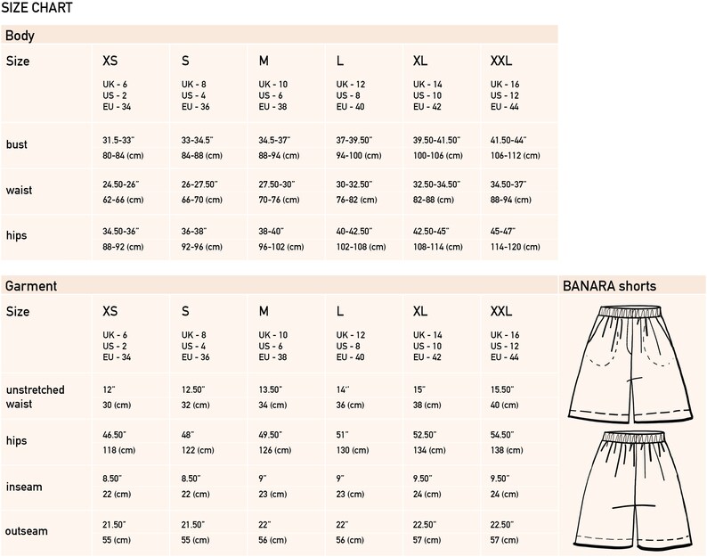 May include: Size chart for women's shorts with measurements in inches and centimeters. The chart includes sizes XS to XXL. The chart also includes a black and white illustration of the shorts.