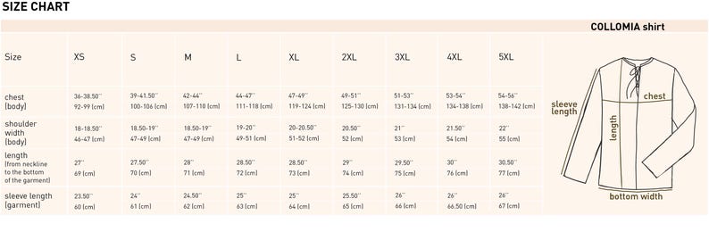 May include: Size chart for a long-sleeved shirt with measurements in inches and centimeters. The chart includes chest, shoulder width, body length, sleeve length, and bottom width. The shirt is called "COLLOMIA shirt".