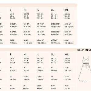 May include: Size chart for a garment, showing measurements in inches and centimetres for bust, waist, hips, back length, and waist (unstretched) for sizes XS to XXL. The chart also includes UK, US, and EU sizing.
