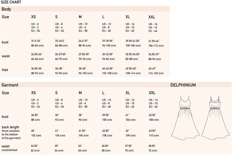 May include: Size chart for a garment, showing measurements in inches and centimetres for bust, waist, hips, back length, and waist (unstretched) for sizes XS to XXL. The chart also includes UK, US, and EU sizing.