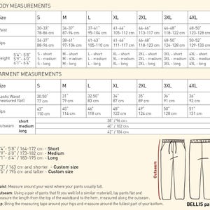 May include: A size chart for women's pants with measurements in inches and centimeters. The chart includes waist, hips, and outseam measurements for sizes S through 4XL. The chart also includes height recommendations for different inseam lengths.
