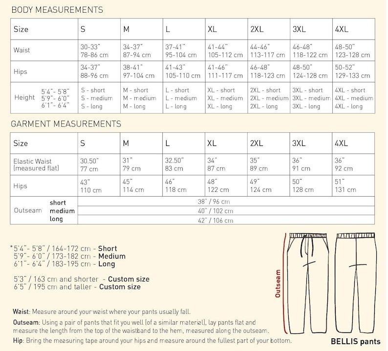 May include: A size chart for women's pants with measurements in inches and centimeters. The chart includes waist, hips, and outseam measurements for sizes S through 4XL. The chart also includes height recommendations for different inseam lengths.