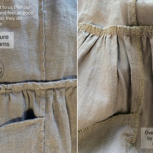 May include: Close-up of a gray linen fabric with a French seam detail. The fabric is folded over and stitched together, creating a clean and professional finish. The text "Our signature French seams" is visible on the fabric. The text "Manufacture de Lin" is also visible on the fabric.