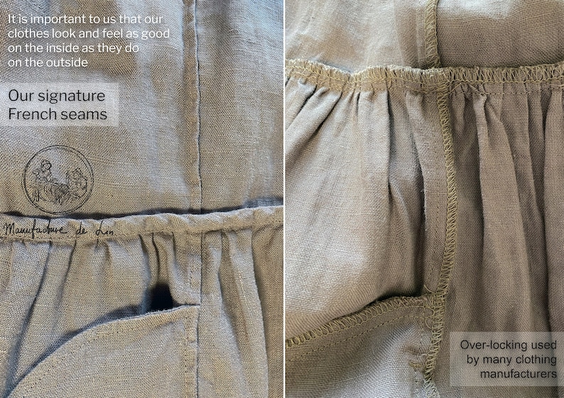 May include: Close-up of a gray linen fabric with a French seam detail. The fabric is folded over and stitched together, creating a clean and professional finish. The text "Our signature French seams" is visible on the fabric. The text "Manufacture de Lin" is also visible on the fabric.