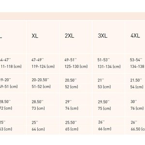 May include: Size chart for a Tunilla shirt with measurements in inches and centimeters for chest, shoulder width, length, and sleeve length. The chart includes sizes XS to 5XL.