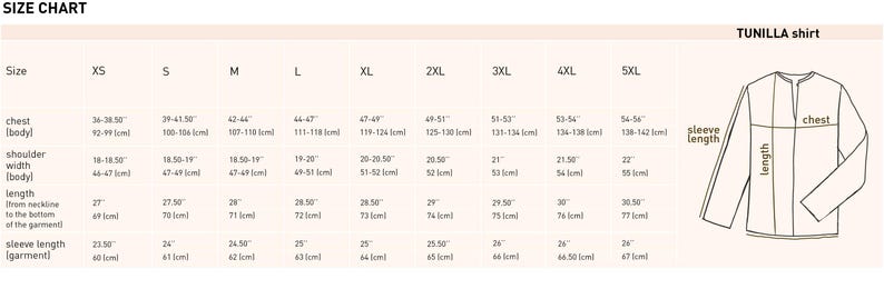 May include: Size chart for a Tunilla shirt with measurements in inches and centimeters for chest, shoulder width, length, and sleeve length. The chart includes sizes XS to 5XL.