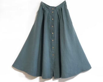 Front-buttoned linen skirt with pockets CALENDULA, midi skirt, french seams