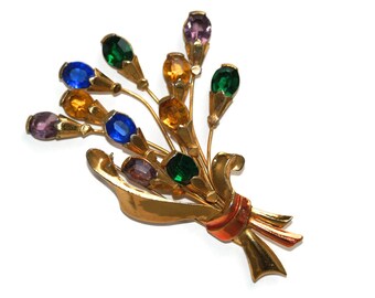 Rhinestone Floral Pin Novelty Co, Large Colourful Spray  Brooch