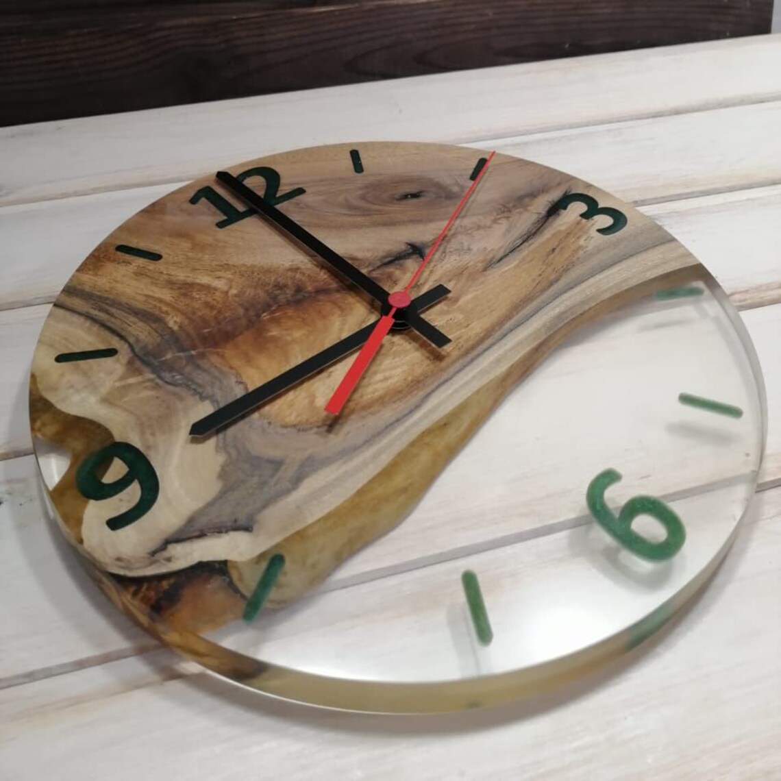 Epoxy wood wall clock with numerals 12 inch walnut wall Etsy