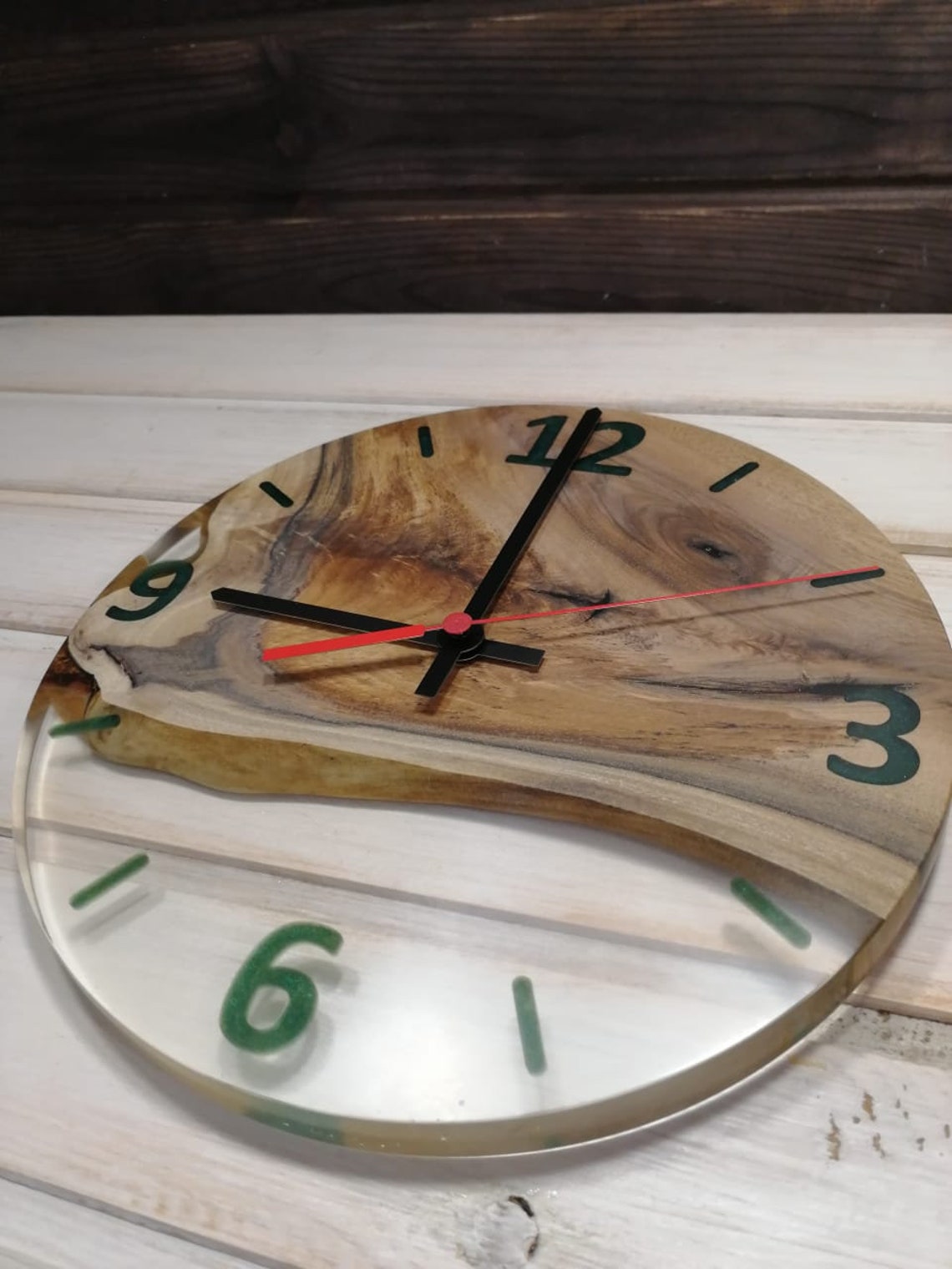 Epoxy wood wall clock with numerals 12 inch walnut wall Etsy