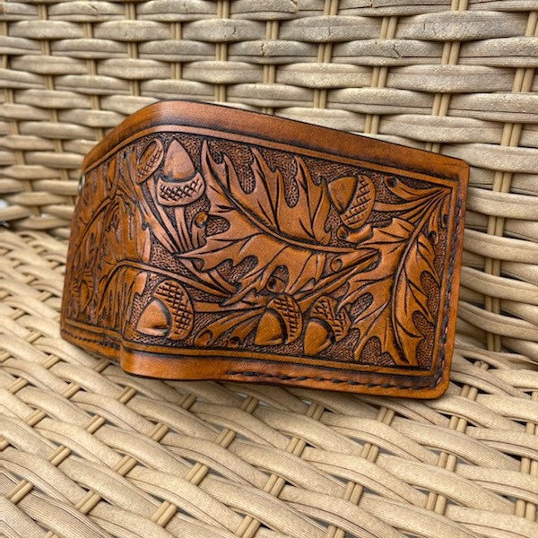 Hand tooled wallet, oak leaf and acorn wallet, wallet for him, custom wallet, personalized wallet, western wallet, Anniversary gift