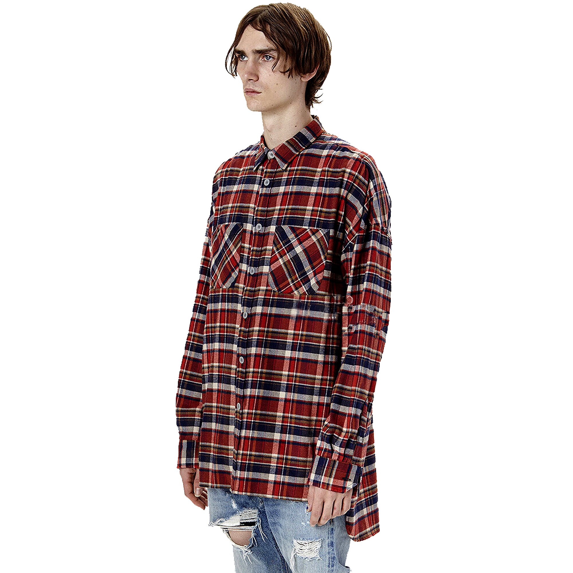 Mens Flannel Cotton Red Plaid Shirt Shaped Arc Hem Long Sleeve Autumn ...