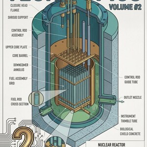 Puede incluir: Diagrama isométrico detallado de un reactor nuclear, con etiquetas de componentes internos. La ilustración utiliza tonos azules, beige y dorados, con el texto "TECHNO-PICS" en la parte superior.
