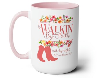 Faith Coffee Mug: Cowgirl Boots, Bible Verse, Two-Tone 15oz