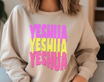 Yeshua Triplicate Christian Sweatshirt: Purple, Yellow, Pink Font