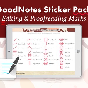 Può includere: Uno schermo di tablet digitale che mostra un set di segni di editing e correzione di bozze rossi per GoodNotes. I segni sono organizzati in righe e colonne con le loro funzioni corrispondenti elencate sotto ogni segno. I segni includono simboli per rimuovere, eliminare la parola, minuscolo, maiuscolo, minuscolo (tutto), grassetto, sottolineare, rimuovere il sottolineato, trasposizione, inserire pedice, inserire apice, inserire spazio, allineare orizzontalmente, allineare verticalmente, tipo di rientro uno, spostare a destra, spostare a sinistra, centrare, chiudere, eliminare e chiudere, spazio sottile, set, rendere lo spazio uguale, spazio tra le lettere, sillabare, allineare a sinistra, allineare a destra, trattino lungo, trattino corto.