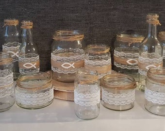 18 tlg. Deko Kommunion, Taufe vintage Tischdeko Gläser, Vasen mit Spitze, Jute, Fischen
