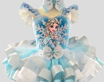 Traje de cumpleaños congelado, fiesta de la princesa Elsa, tutú de cumpleaños congelado, vestido de copo de nieve, traje de cumpleaños de la princesa de hielo