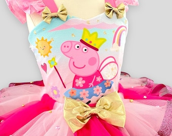 Roupa de aniversário da Peppa Pig, peças, vestido rosa da Peppa