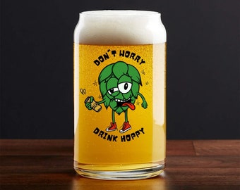 Beer Can Glass - Don't Worry Drink Hoppy (16 oz) | Craft Beer Glass, Craft Beer Gifts, Fathers Day Gift, Beer Glasses, Unique Beer Glasses