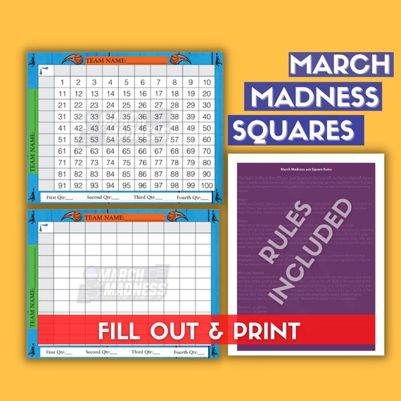 Printable March Madness Squares NCAA Basketball Printable Etsy